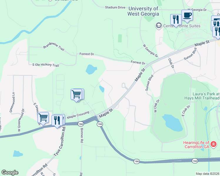 map of restaurants, bars, coffee shops, grocery stores, and more near 90 West Lake Drive in Carrollton