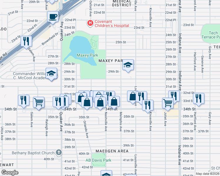 map of restaurants, bars, coffee shops, grocery stores, and more near 3816 32nd Street in Lubbock