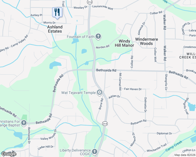 map of restaurants, bars, coffee shops, grocery stores, and more near 6952 West Fayetteville Road in Riverdale