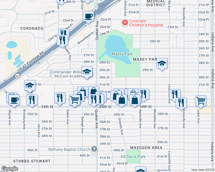 map of restaurants, bars, coffee shops, grocery stores, and more near 4310 32nd Street in Lubbock
