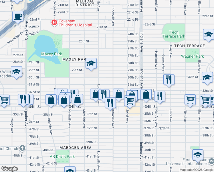 map of restaurants, bars, coffee shops, grocery stores, and more near 3616 32nd Street in Lubbock