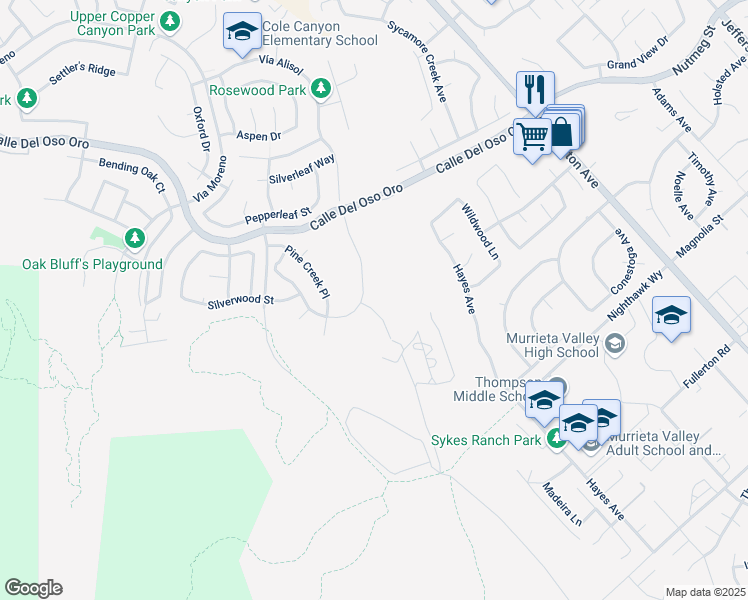 map of restaurants, bars, coffee shops, grocery stores, and more near 38260 Willow Court in Murrieta