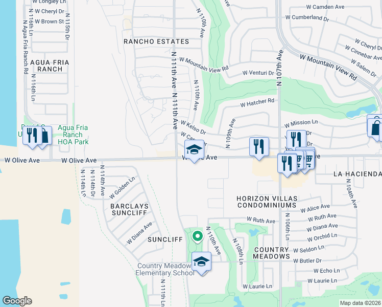 map of restaurants, bars, coffee shops, grocery stores, and more near 11025 West Tonada Drive in Sun City