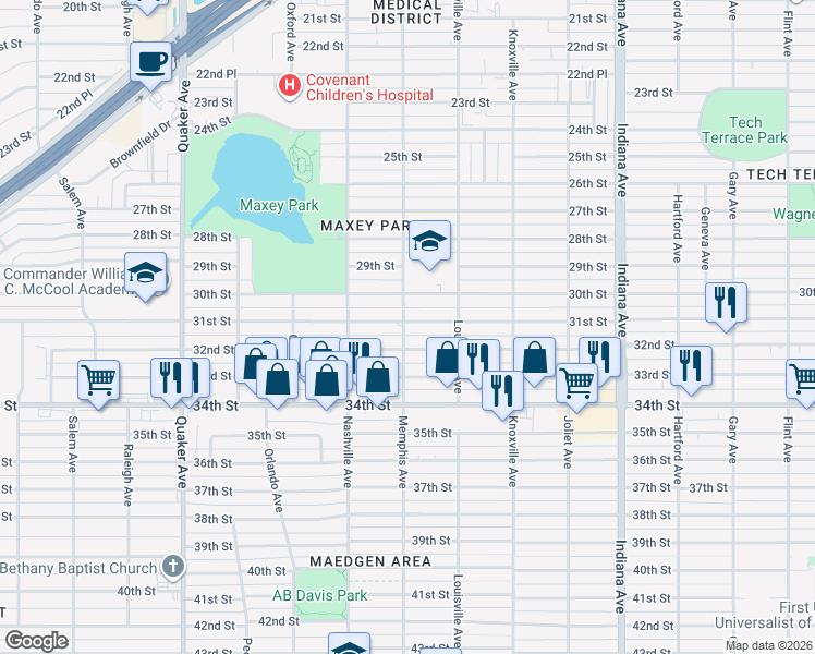 map of restaurants, bars, coffee shops, grocery stores, and more near 3802 32nd Street in Lubbock