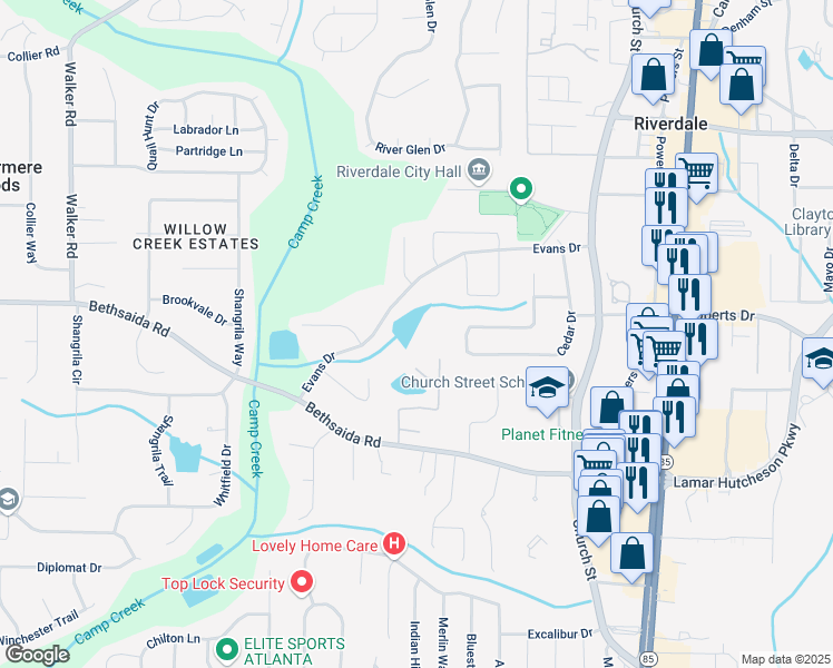 map of restaurants, bars, coffee shops, grocery stores, and more near 1074 Evans Drive in Riverdale