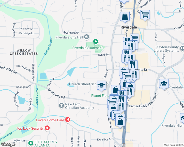 map of restaurants, bars, coffee shops, grocery stores, and more near 6934 Cedar Hill Court in Riverdale