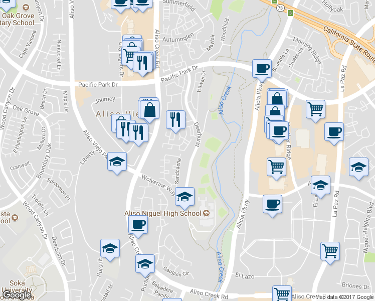 map of restaurants, bars, coffee shops, grocery stores, and more near 34 Sentinel Place in Aliso Viejo