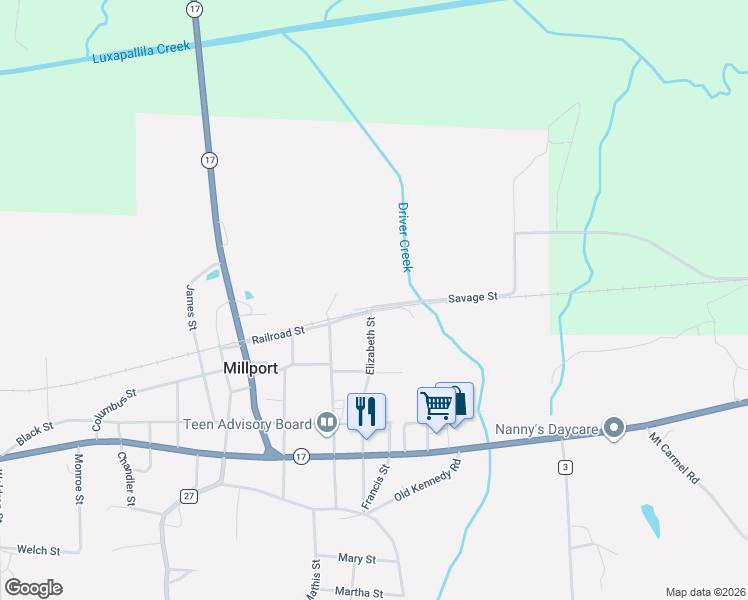 map of restaurants, bars, coffee shops, grocery stores, and more near 263 Savage Street in Millport