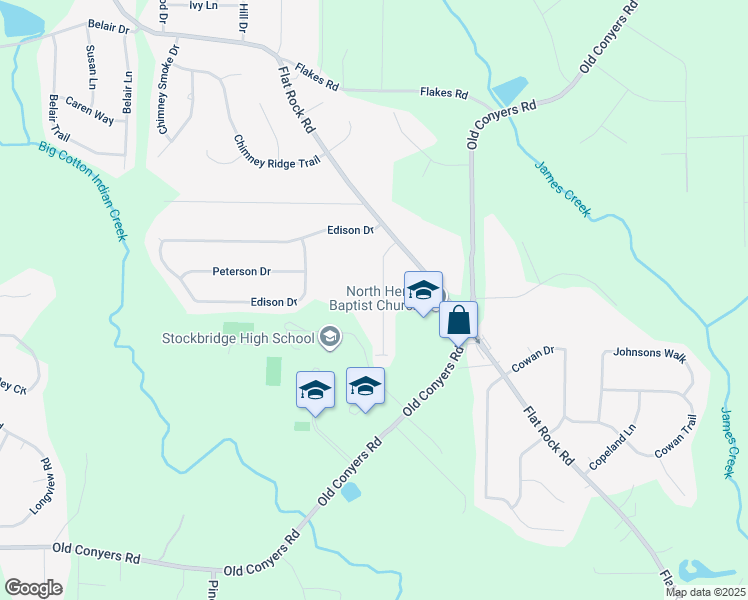 map of restaurants, bars, coffee shops, grocery stores, and more near 130 Bloomfield Drive in Stockbridge