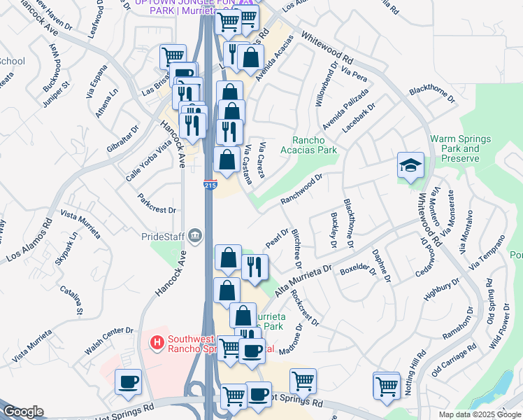 map of restaurants, bars, coffee shops, grocery stores, and more near 39899 Ranchwood Drive in Murrieta
