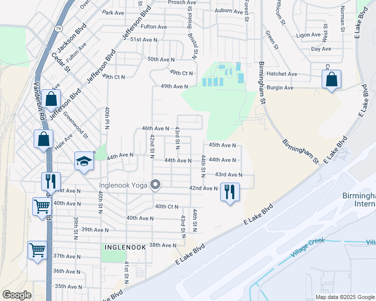 map of restaurants, bars, coffee shops, grocery stores, and more near 4304 44th Avenue North in Birmingham