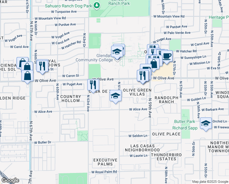 map of restaurants, bars, coffee shops, grocery stores, and more near 6118 West Townley Avenue in Glendale