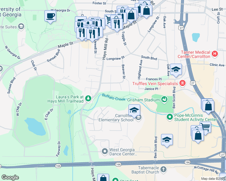 map of restaurants, bars, coffee shops, grocery stores, and more near 106 South Nixon Street in Carrollton