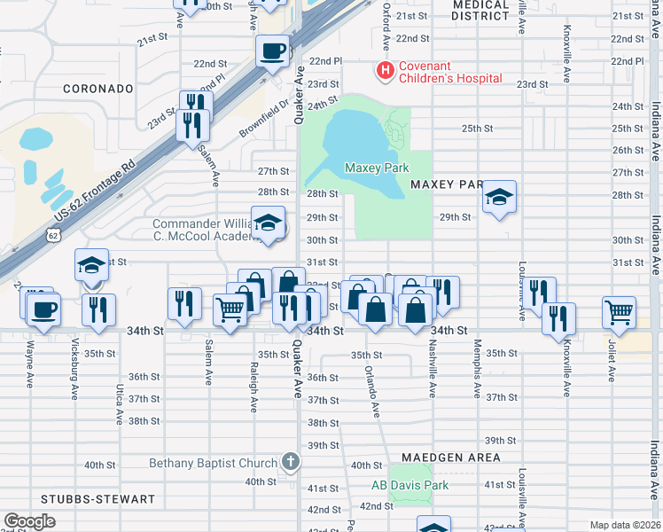 map of restaurants, bars, coffee shops, grocery stores, and more near 4310 32nd Street in Lubbock