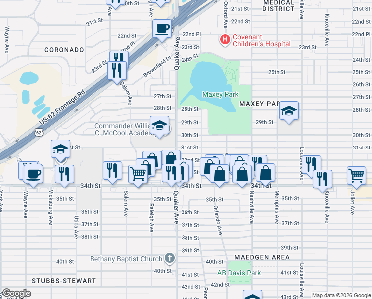 map of restaurants, bars, coffee shops, grocery stores, and more near 4310 32nd Street in Lubbock