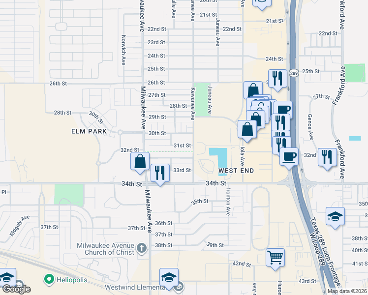 map of restaurants, bars, coffee shops, grocery stores, and more near 6308 32nd Street in Lubbock