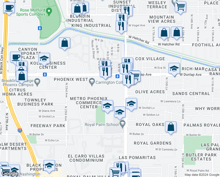 map of restaurants, bars, coffee shops, grocery stores, and more near 8902 North 19th Avenue in Phoenix