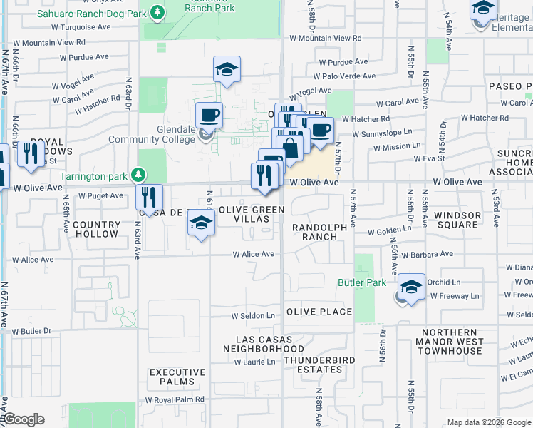 map of restaurants, bars, coffee shops, grocery stores, and more near 5904 West Townley Avenue in Glendale
