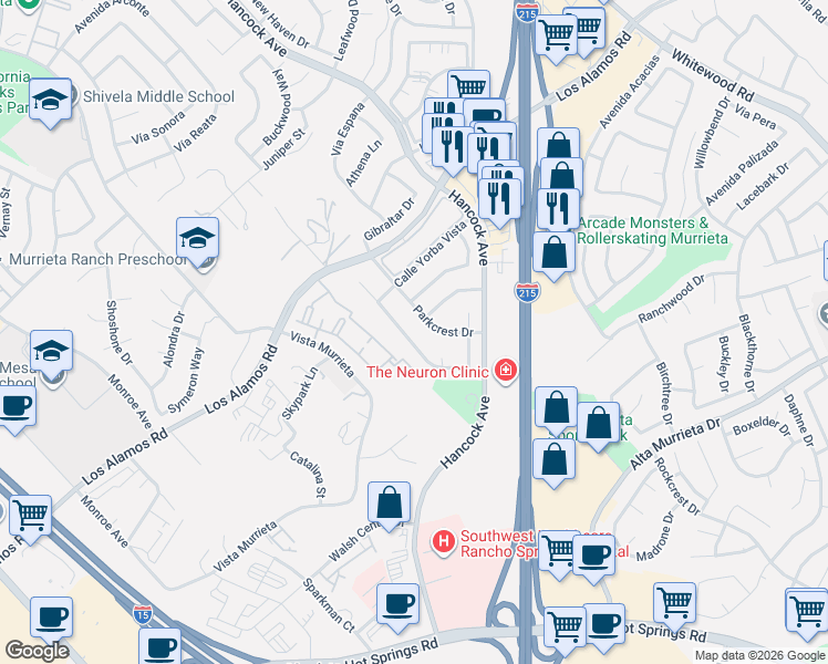 map of restaurants, bars, coffee shops, grocery stores, and more near 25223 Parkcrest Drive in Murrieta