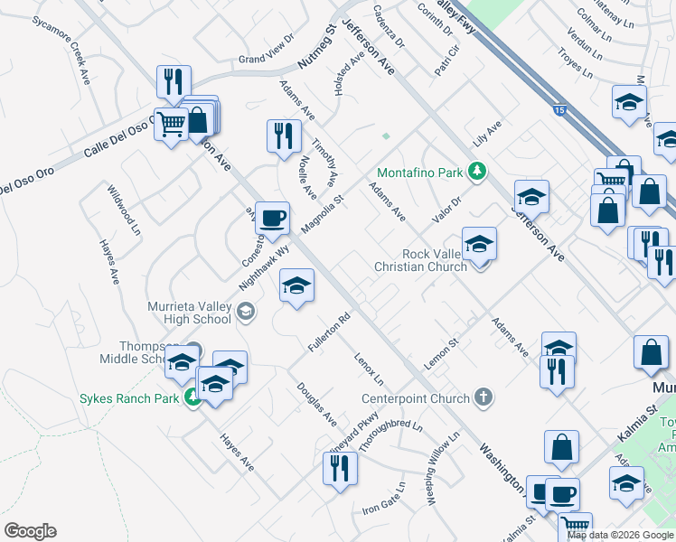 map of restaurants, bars, coffee shops, grocery stores, and more near Calle Huerto in Riverside County