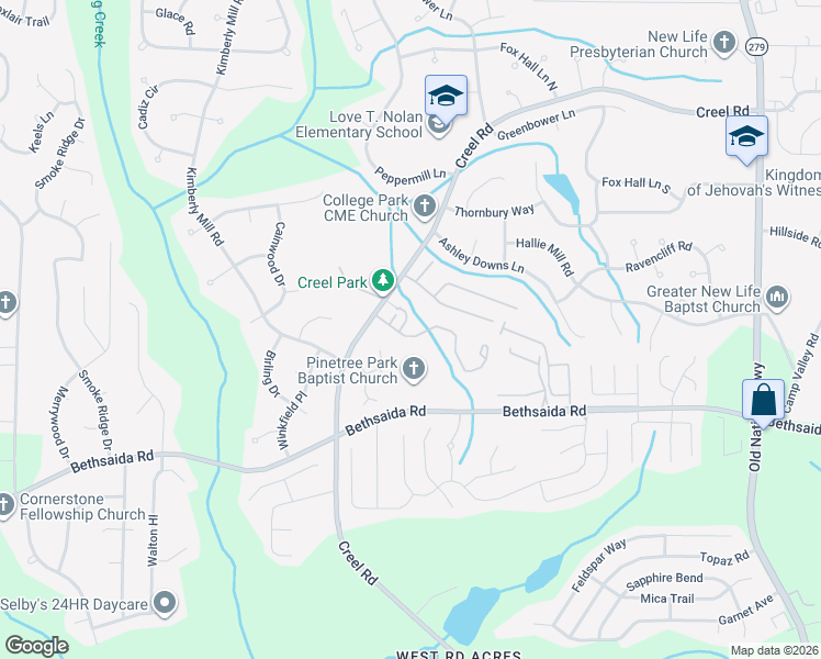 map of restaurants, bars, coffee shops, grocery stores, and more near 711 Creel Way in Riverdale