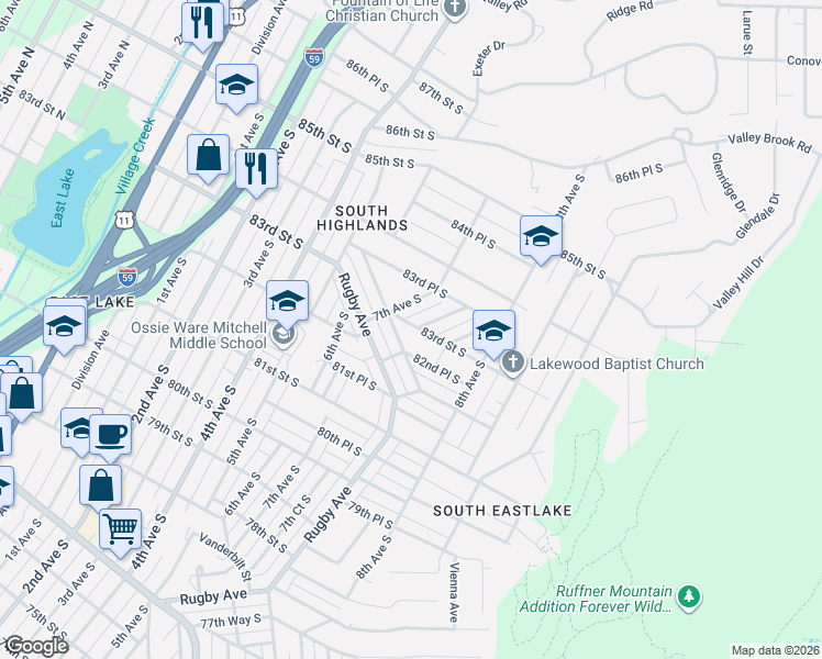 map of restaurants, bars, coffee shops, grocery stores, and more near 738 83rd Street South in Birmingham