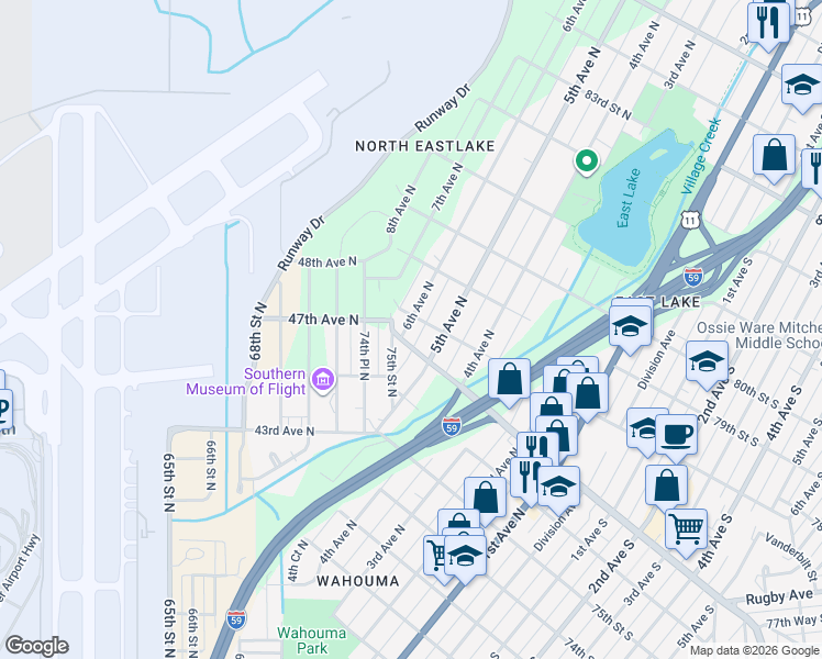 map of restaurants, bars, coffee shops, grocery stores, and more near 7632 5th Avenue North in Birmingham