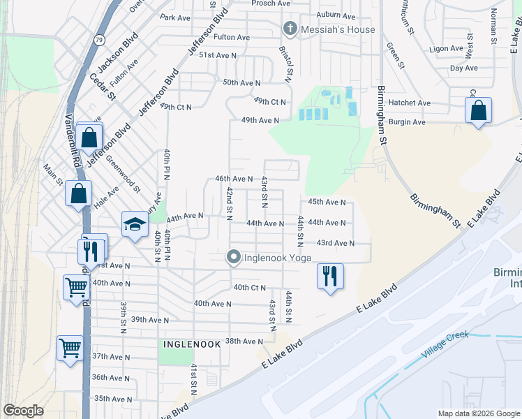 map of restaurants, bars, coffee shops, grocery stores, and more near 4304 44th Avenue North in Birmingham