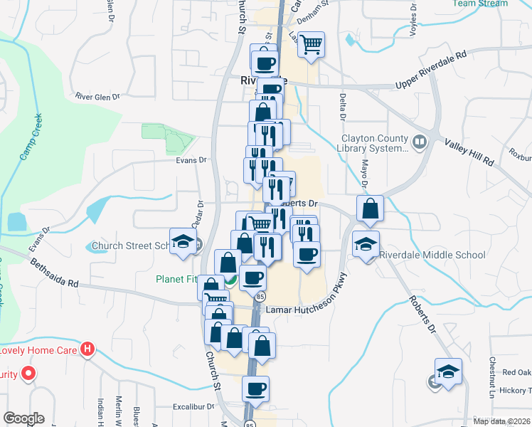 map of restaurants, bars, coffee shops, grocery stores, and more near 6922 Georgia 85 in Riverdale