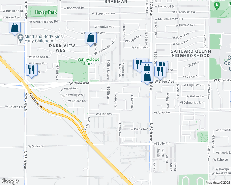 map of restaurants, bars, coffee shops, grocery stores, and more near 10235 West Townley Avenue in Peoria
