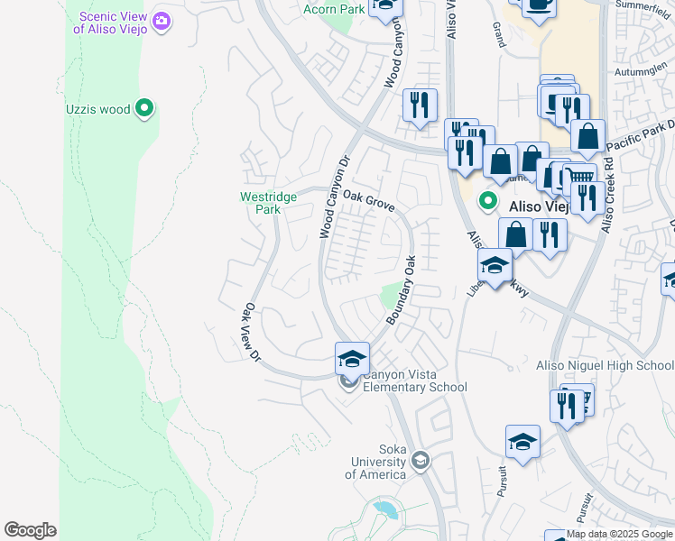 map of restaurants, bars, coffee shops, grocery stores, and more near 5 Greenborrow Court in Aliso Viejo