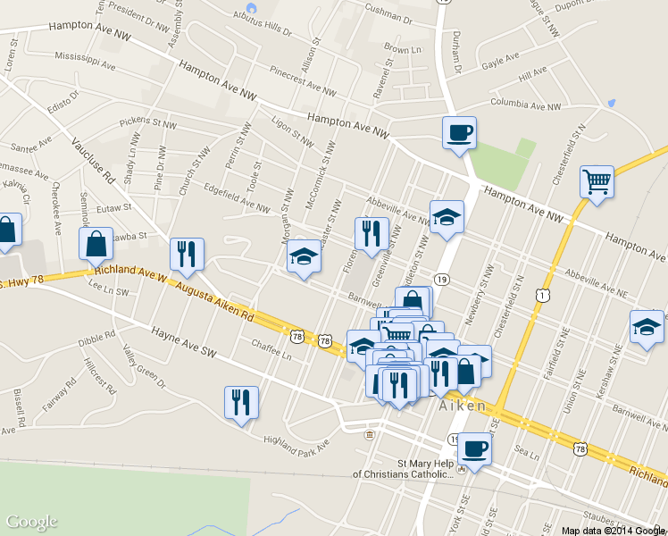 map of restaurants, bars, coffee shops, grocery stores, and more near 229 Florence Street Northwest in Aiken