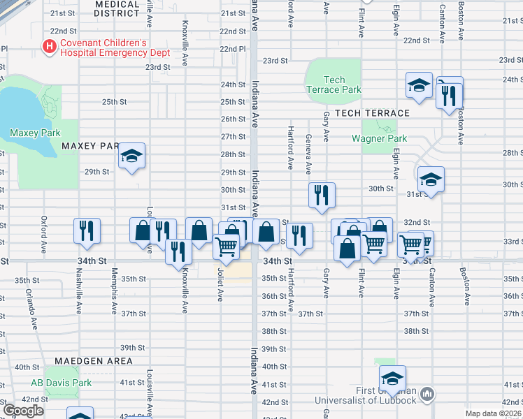 map of restaurants, bars, coffee shops, grocery stores, and more near 3320 32nd Street in Lubbock
