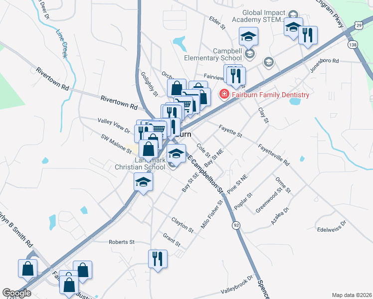 map of restaurants, bars, coffee shops, grocery stores, and more near 66 East Campbellton Street in Fairburn