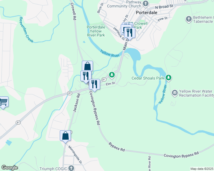 map of restaurants, bars, coffee shops, grocery stores, and more near 25 Elm Street in Porterdale