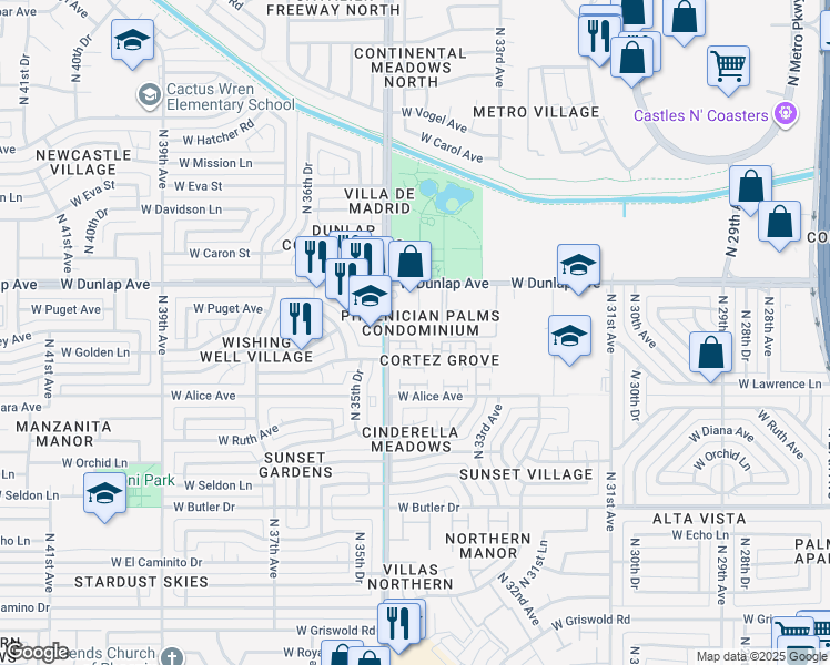 map of restaurants, bars, coffee shops, grocery stores, and more near 3421 West Dunlap Avenue in Phoenix