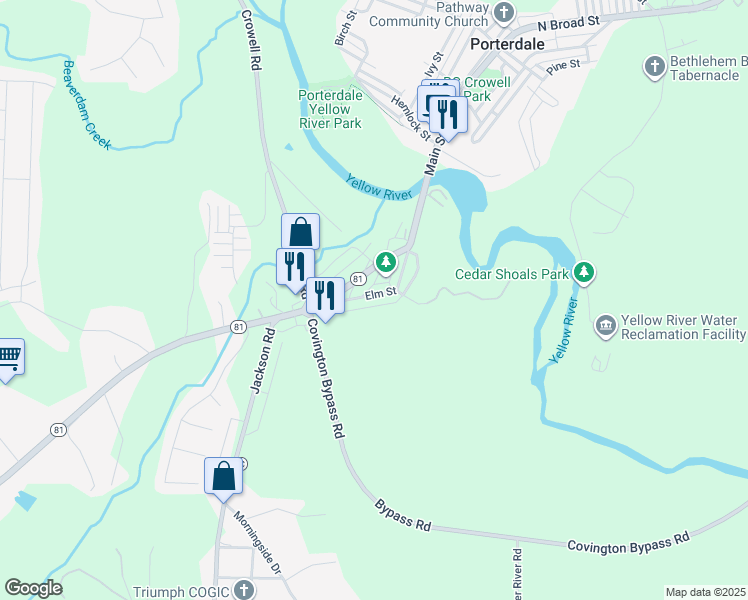 map of restaurants, bars, coffee shops, grocery stores, and more near 25 Elm Street in Porterdale
