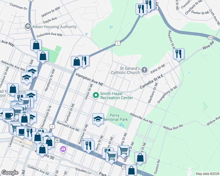 map of restaurants, bars, coffee shops, grocery stores, and more near 401 Sumter Street Northeast in Aiken