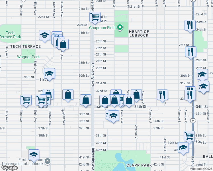 map of restaurants, bars, coffee shops, grocery stores, and more near 2408 32nd Street in Lubbock