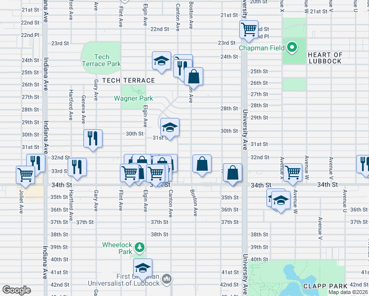 map of restaurants, bars, coffee shops, grocery stores, and more near 2704 32nd Street in Lubbock