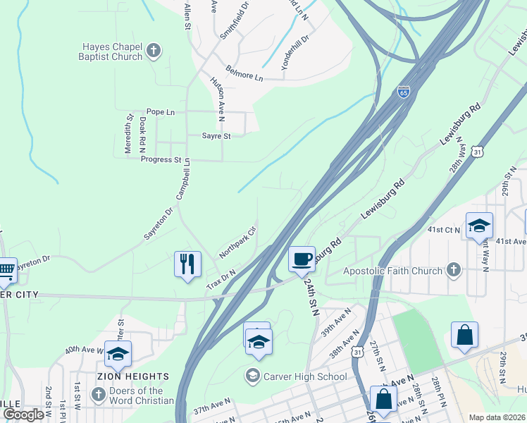 map of restaurants, bars, coffee shops, grocery stores, and more near 4165 22nd Street North in Birmingham