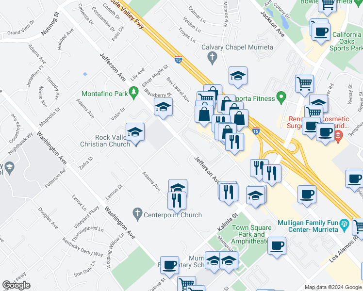 map of restaurants, bars, coffee shops, grocery stores, and more near 24409 Jefferson Avenue in Murrieta