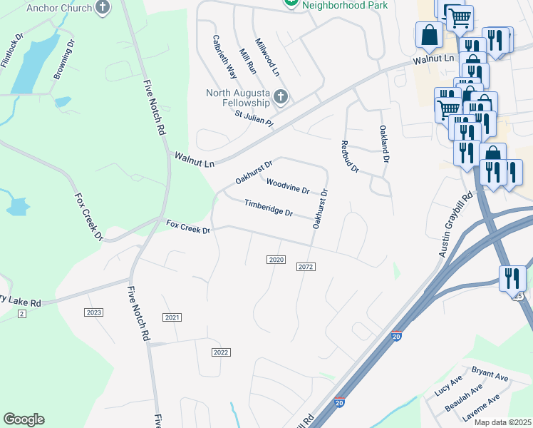map of restaurants, bars, coffee shops, grocery stores, and more near 18 Fox Creek Drive in North Augusta