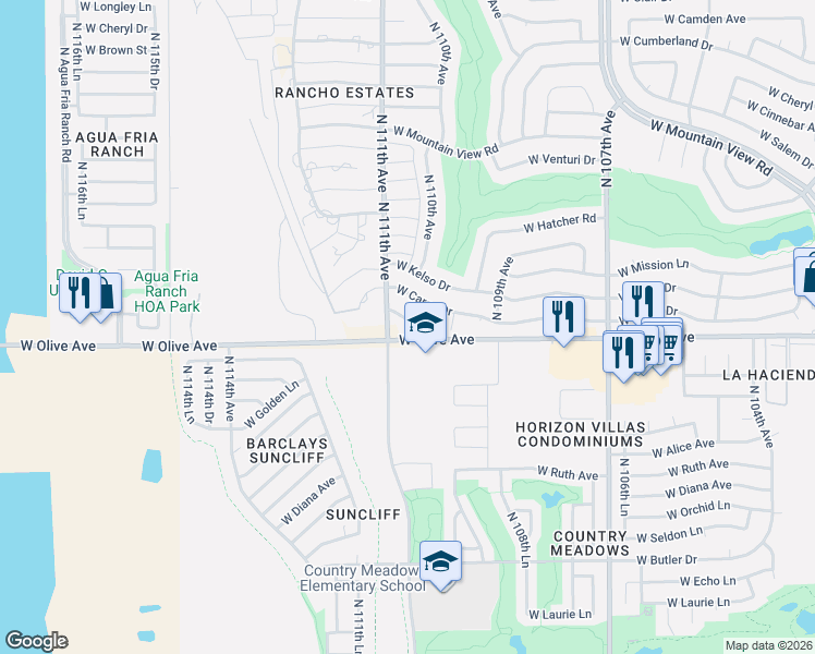 map of restaurants, bars, coffee shops, grocery stores, and more near 11025 West Tonada Drive in Sun City
