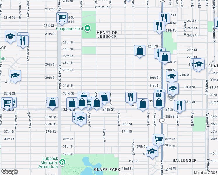 map of restaurants, bars, coffee shops, grocery stores, and more near 2206 32nd Street in Lubbock