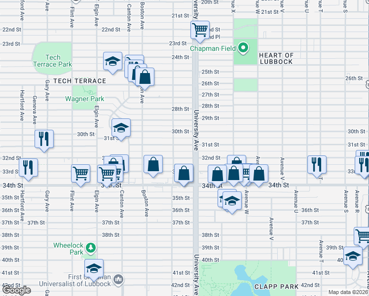 map of restaurants, bars, coffee shops, grocery stores, and more near 2506 32nd Street in Lubbock