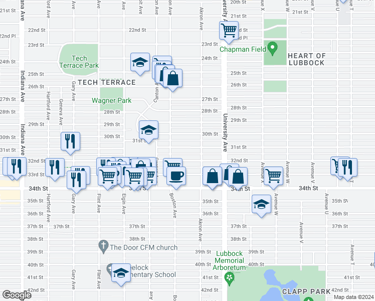map of restaurants, bars, coffee shops, grocery stores, and more near 2614 32nd Street in Lubbock