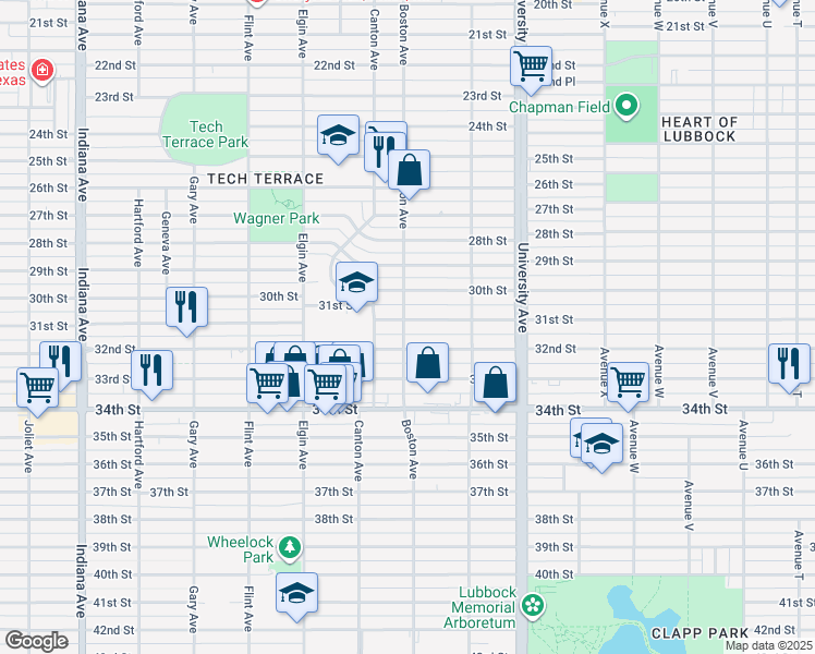 map of restaurants, bars, coffee shops, grocery stores, and more near 2704 32nd Street in Lubbock