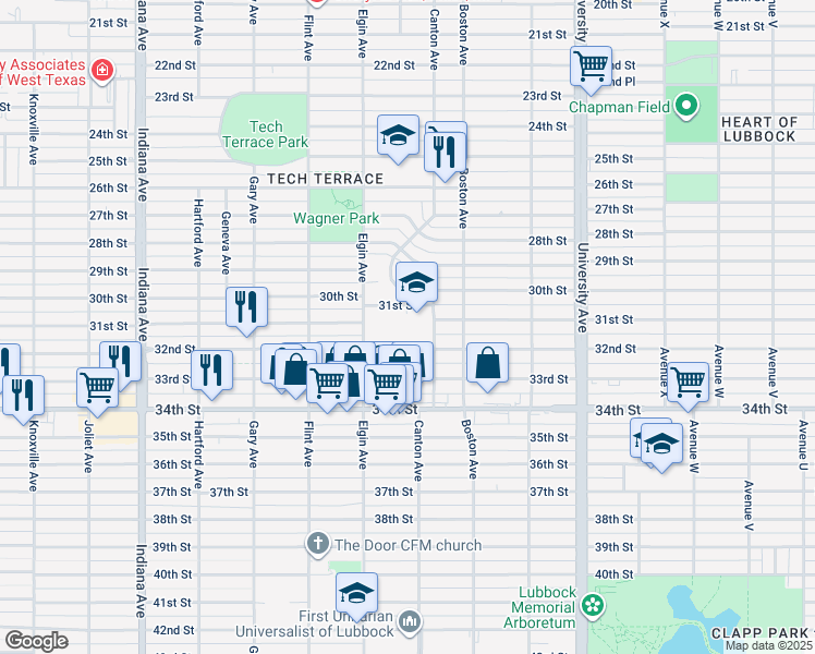 map of restaurants, bars, coffee shops, grocery stores, and more near 3102 Canton Avenue in Lubbock