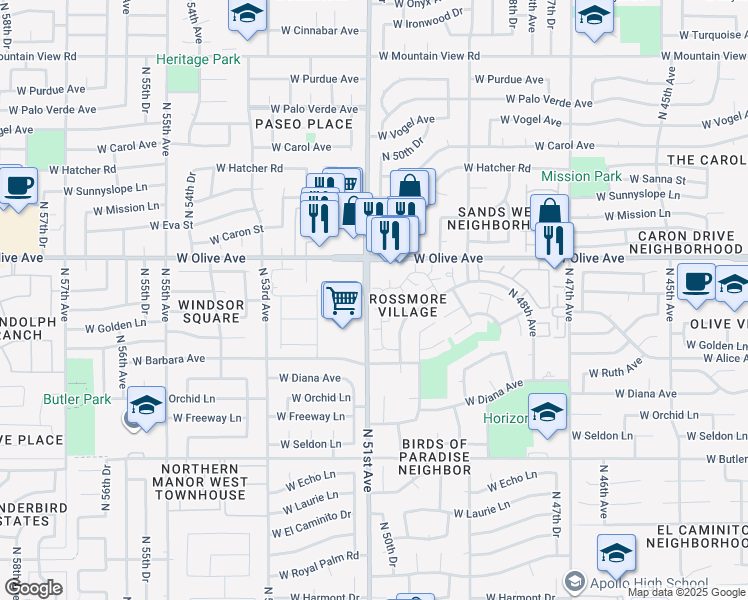 map of restaurants, bars, coffee shops, grocery stores, and more near 8832 North New World Drive in Glendale